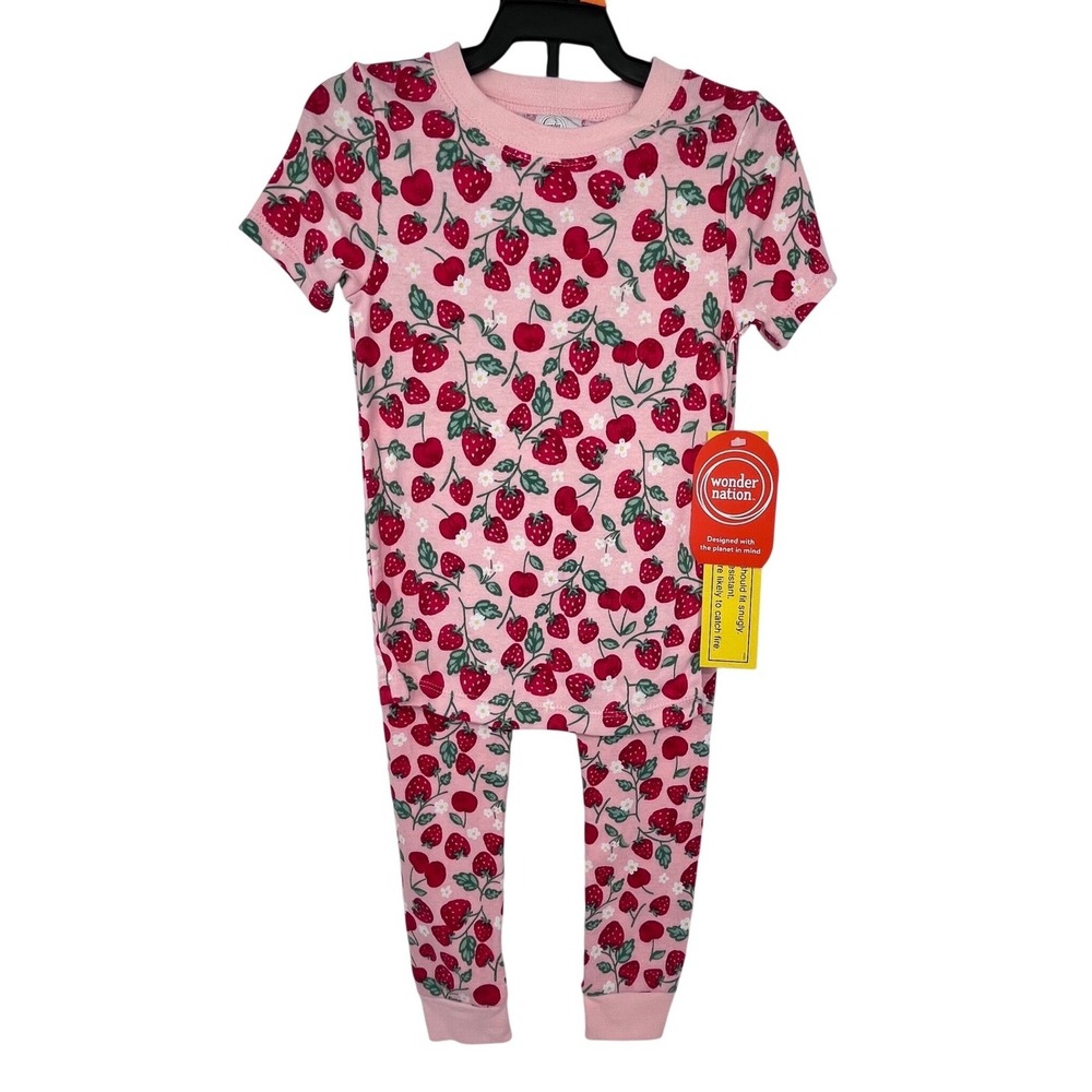 Pink Strawberry Cherry Print Pajamas Girls 4T Snug Fit 2pc Set Springtime Cute